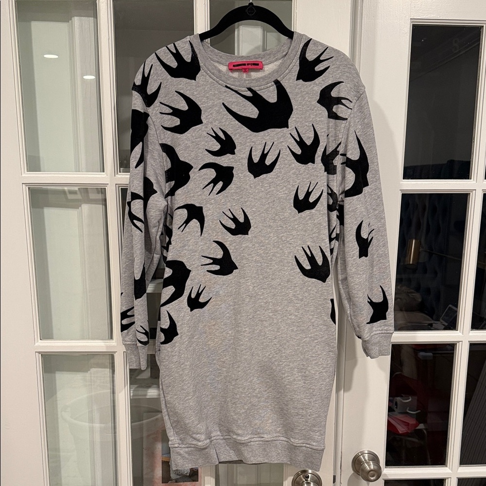 McQ Gray Sweatshirt Dress with Iconic Black Swallow Pattern